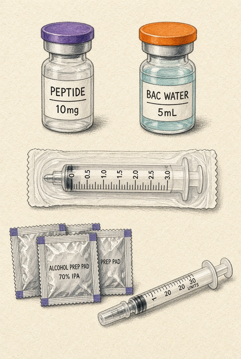 Peptide vial, bacteriostatic water vial, reconstitution syringe, alcohol wipes, and insulin syringe laid out together