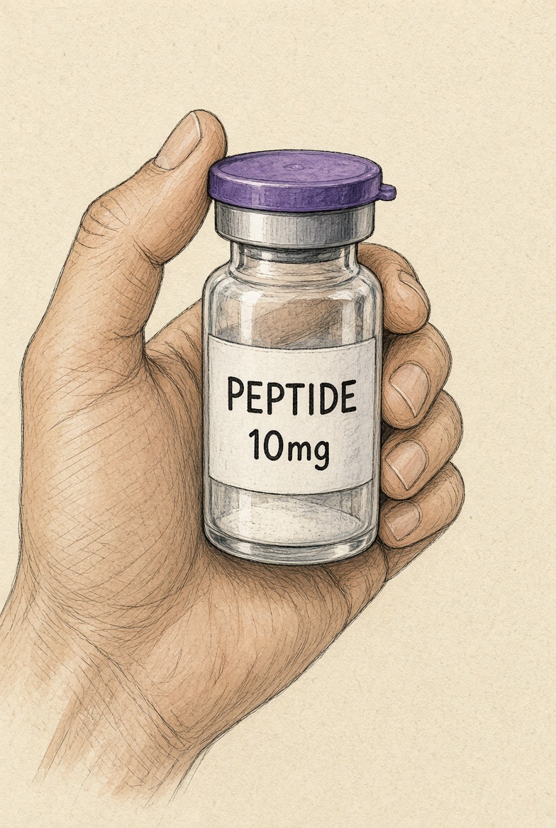 Hand holding the peptide vial with thumb on the edge of the plastic cap