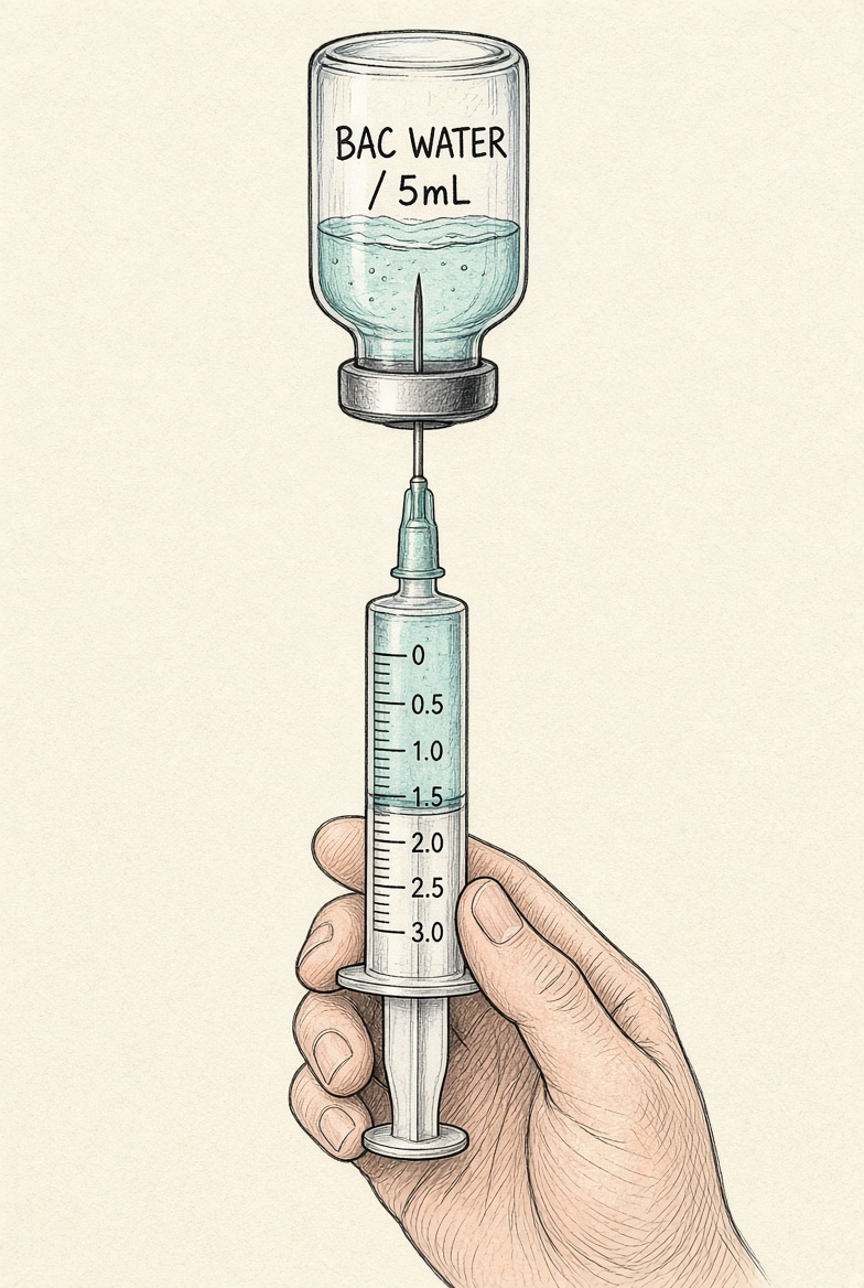 Needle inserted, bacteriostatic water vial turned upside down