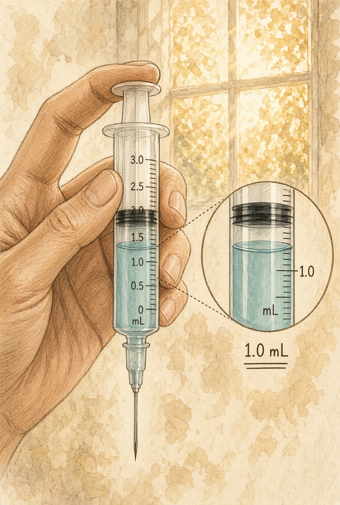 Holding the filled syringe up to the light to check the fill level