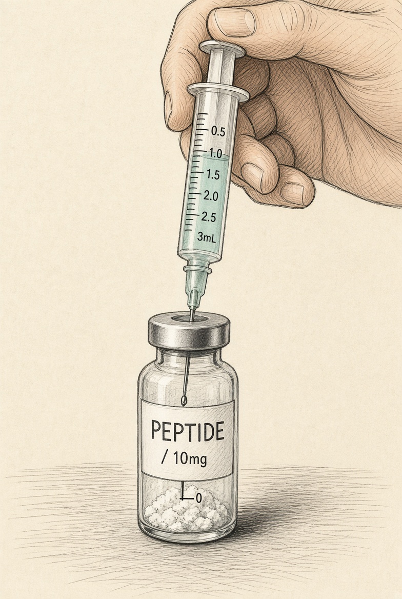 Needle inserted into the center of the peptide vial's stopper