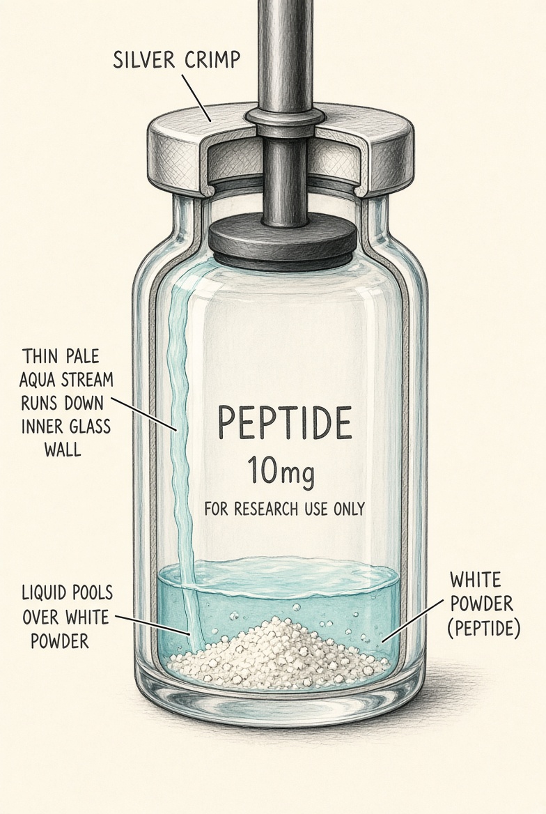 Water flowing down the interior wall of the peptide vial onto the powder