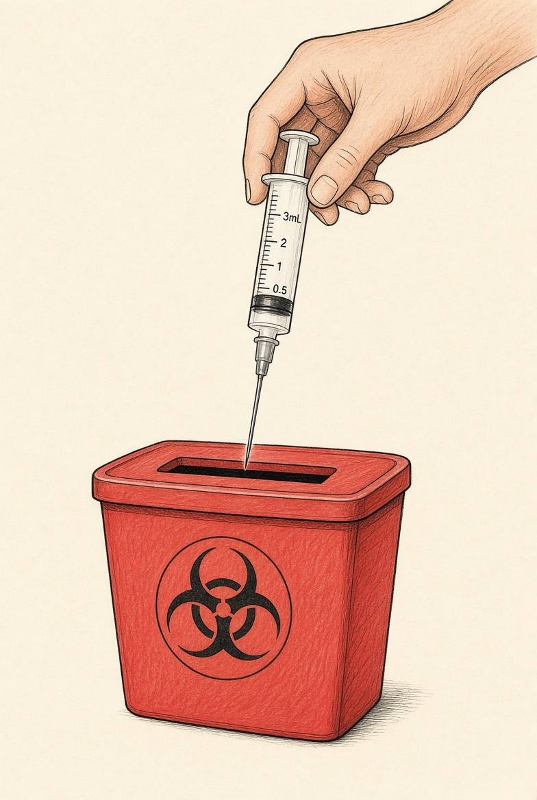 Disposing of the capped syringe in a sharps container