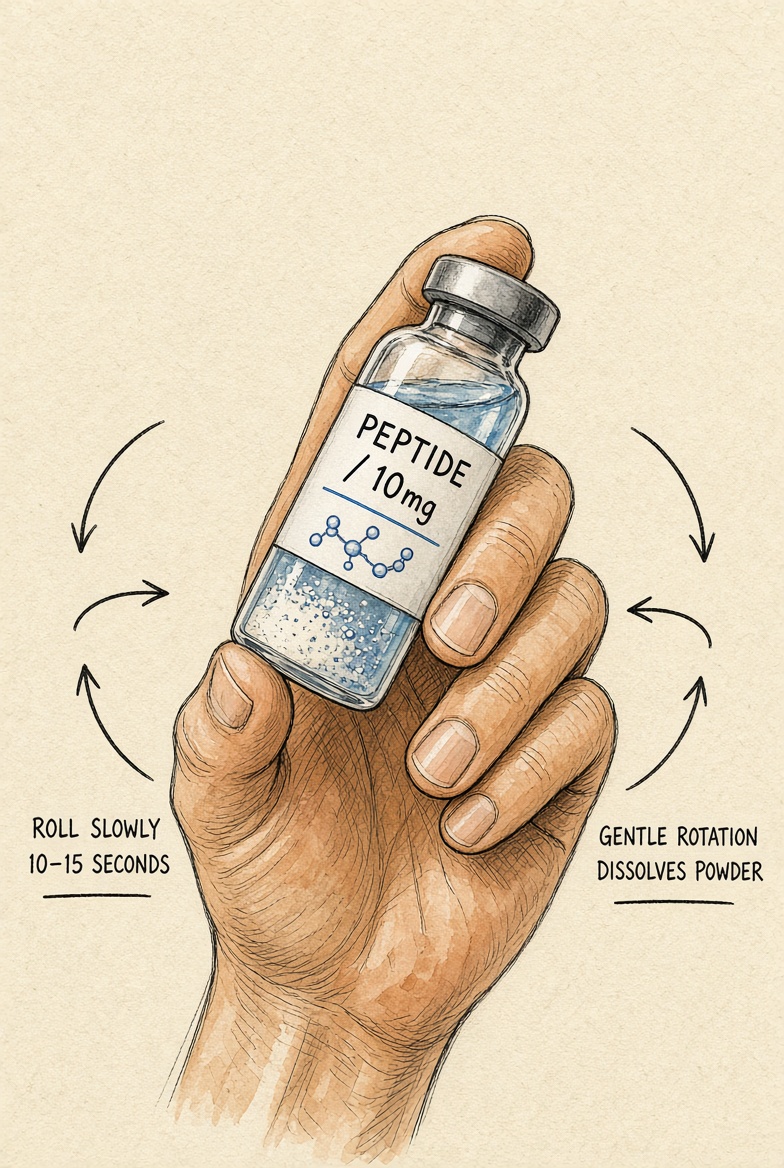Peptide vial with water beginning to interact with the lyophilized powder