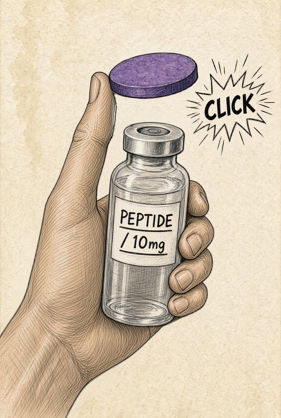 Peptide vial with the plastic cap flipped up, labeled CLICK