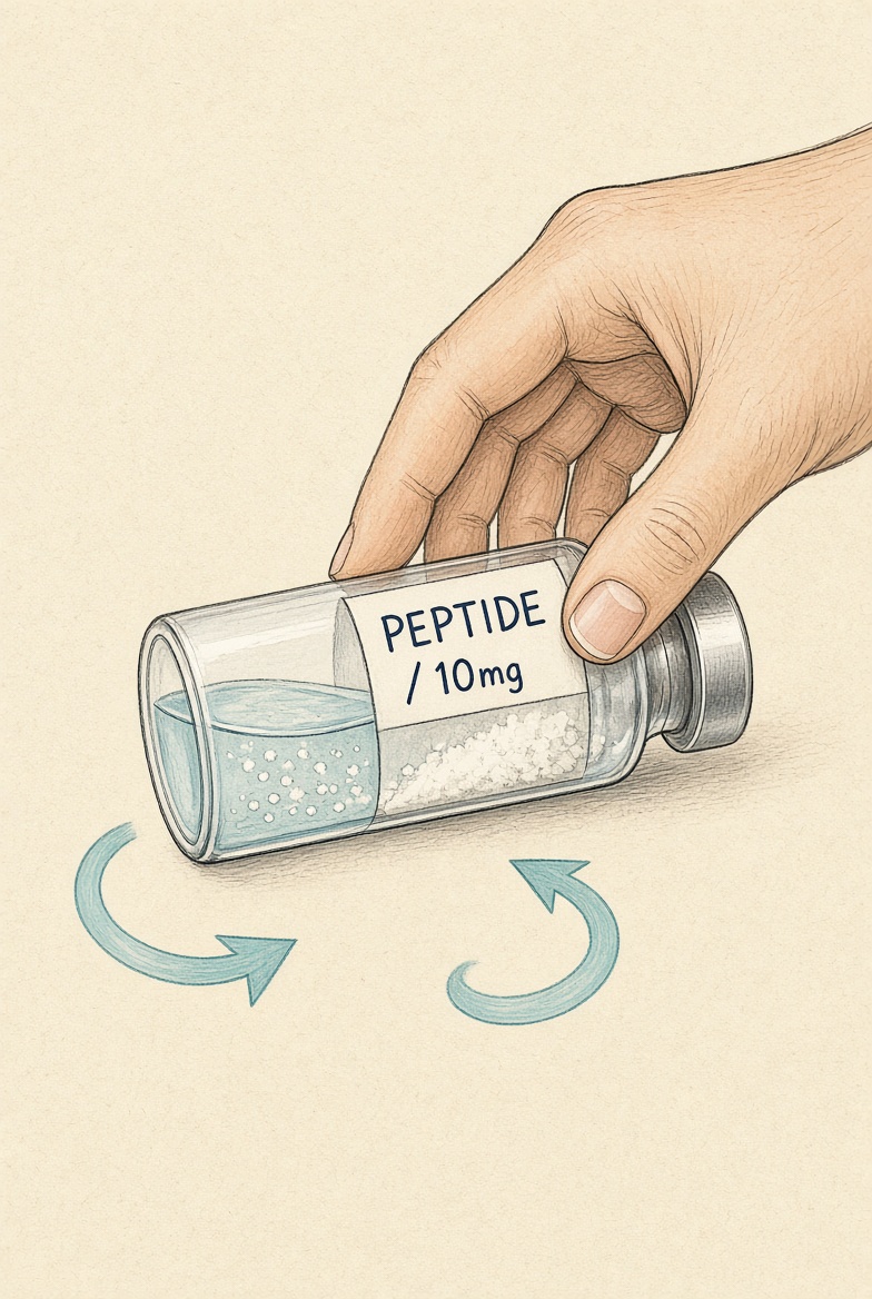 Gently rolling the vial between the fingers to dissolve the powder