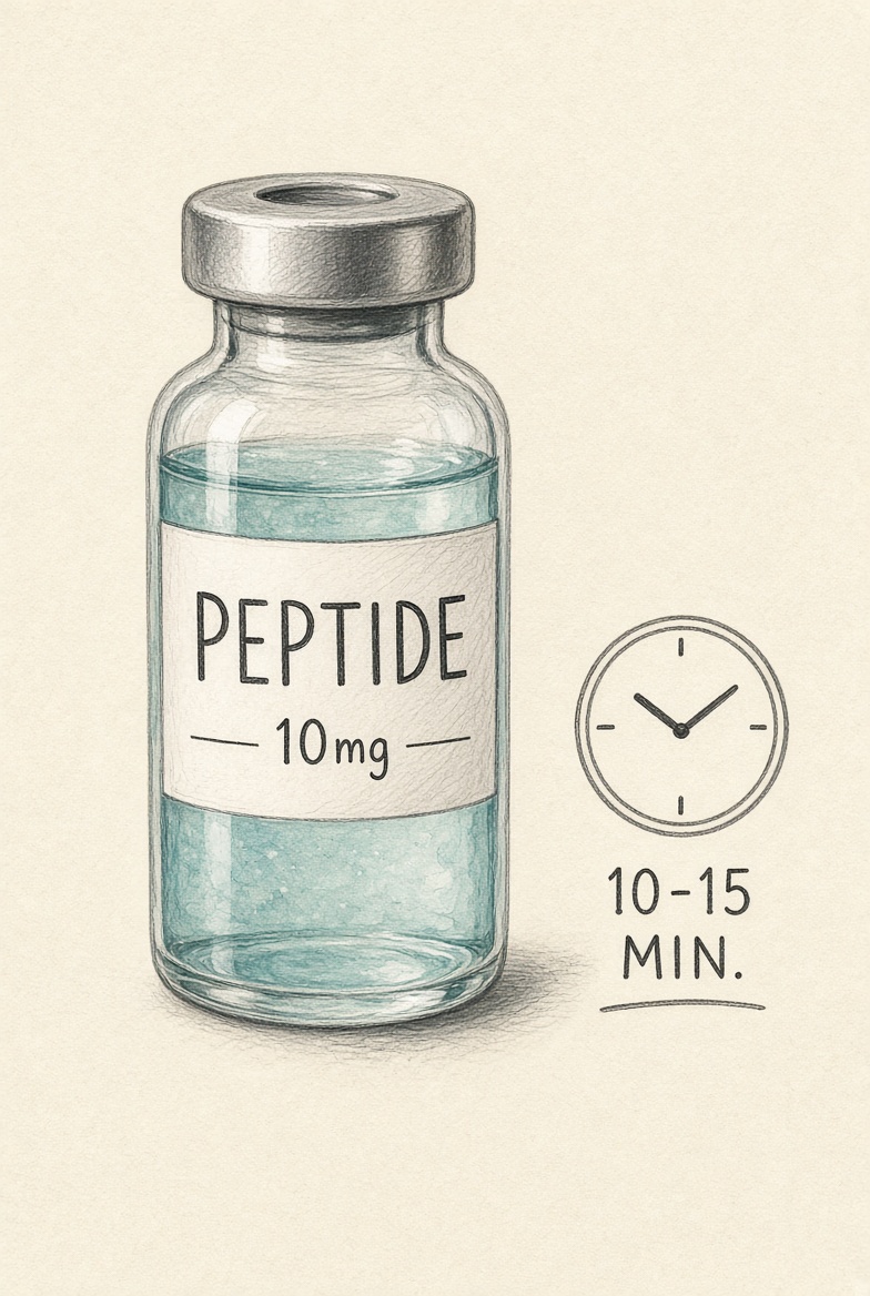 Peptide vial standing upright, resting to finish dissolving