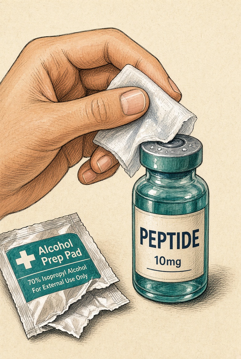 Swabbing the peptide vial's rubber stopper with an alcohol wipe