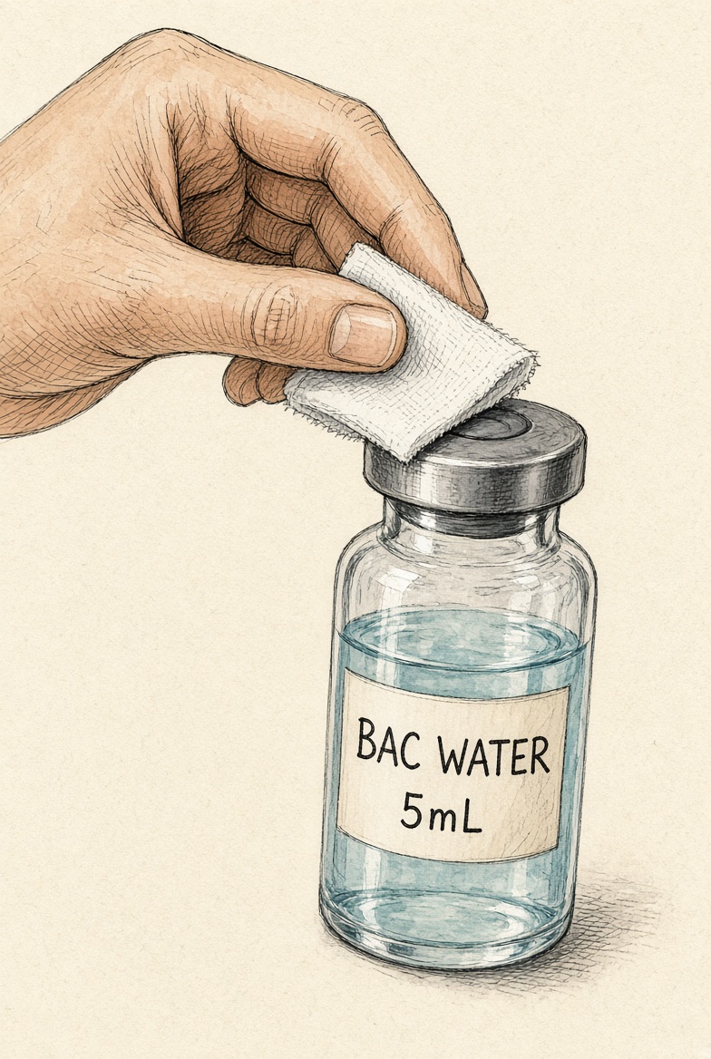 Swabbing the bacteriostatic water vial's rubber stopper with an alcohol wipe
