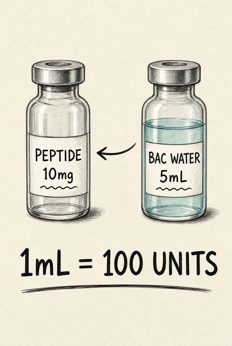 Diagram showing a 10mg peptide vial and a bacteriostatic water vial, with 1mL equal to 100 units
