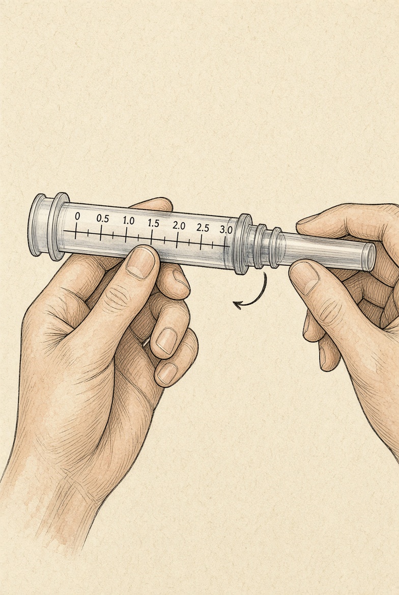 Twisting the needle onto the reconstitution syringe